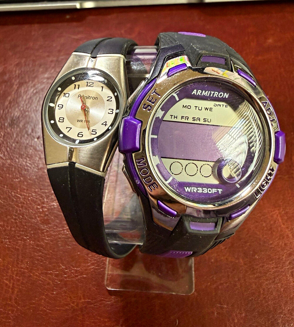 Lot of 2 Armitron Watches WR165 Analog & WR330FT Purple Digital Sport